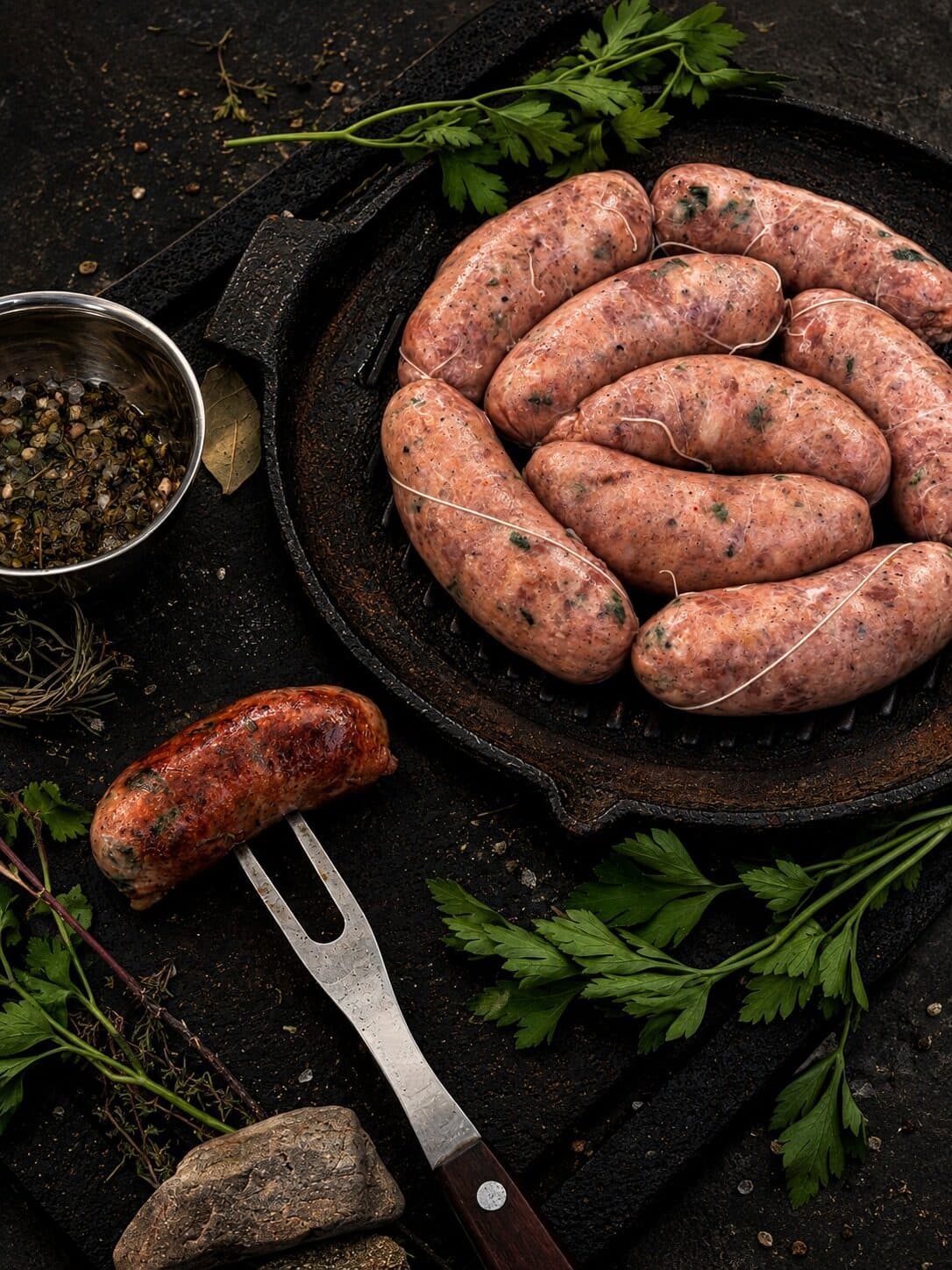 Chorizos paisa en sartén de hierro junto a un chorizo asado en tenedor de trinchar