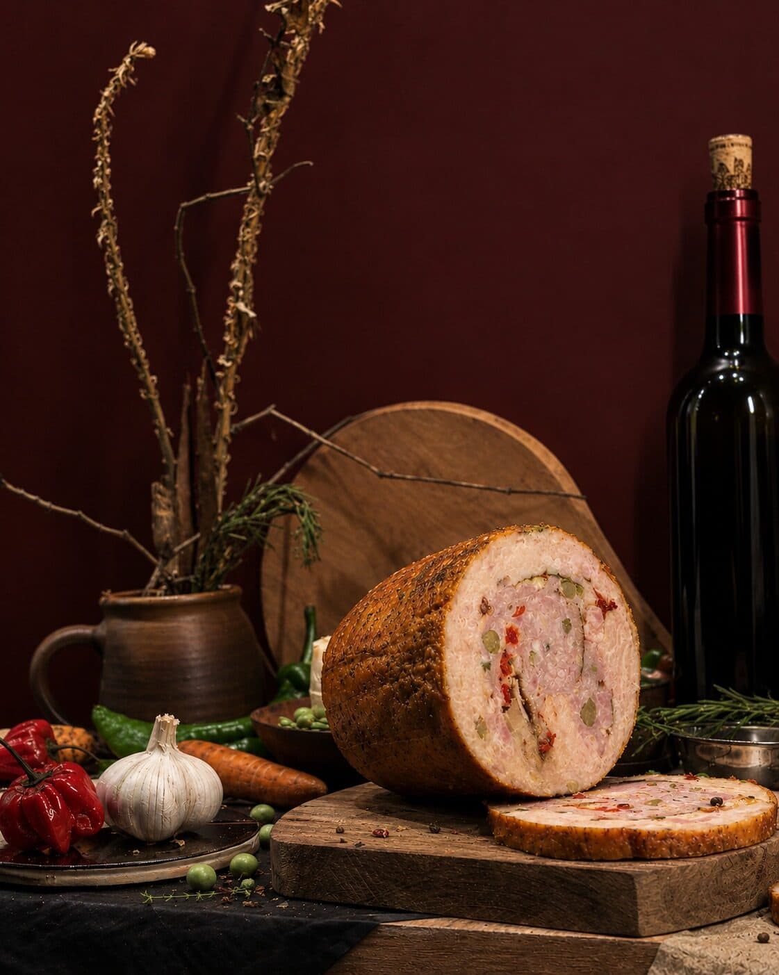 Enrollado de pollo con corteza dorada junto a una botella de vino, ajo y ajíes rojos