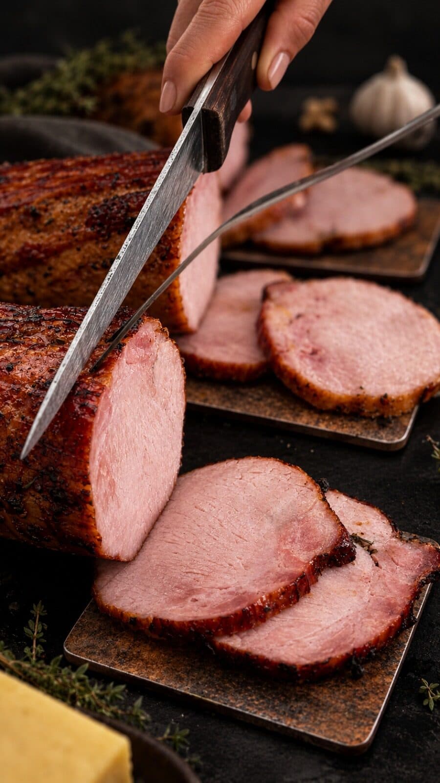 Lomo de cerdo ahumado siendo rebanado con cuchillo y tenedor de trinchar