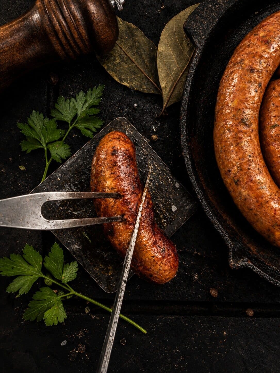 Trozo de longaniza asada siendo cortado con cuchillo y tenedor de trinchar